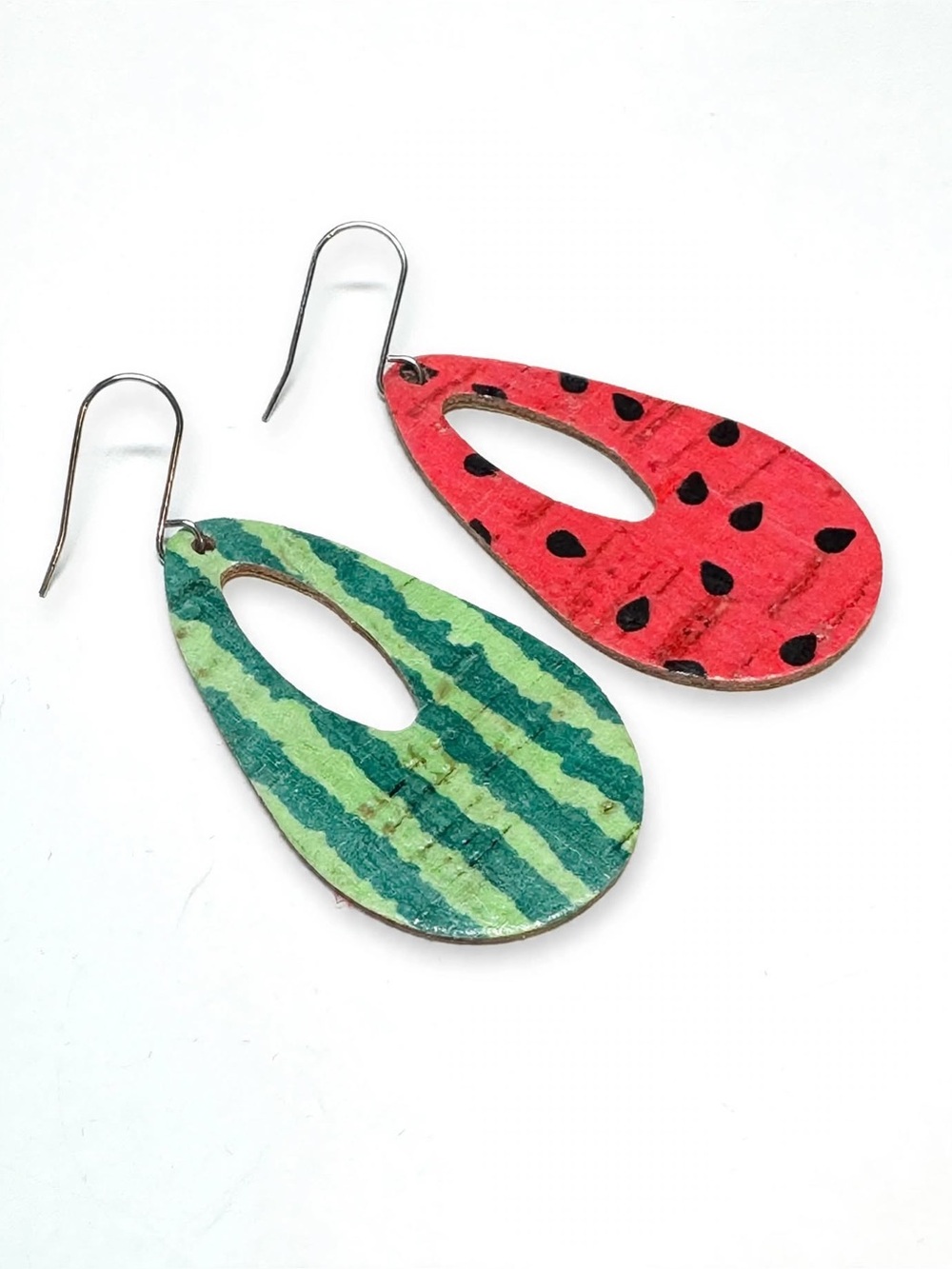 Watermelon print earrings crafted from cork and leather
